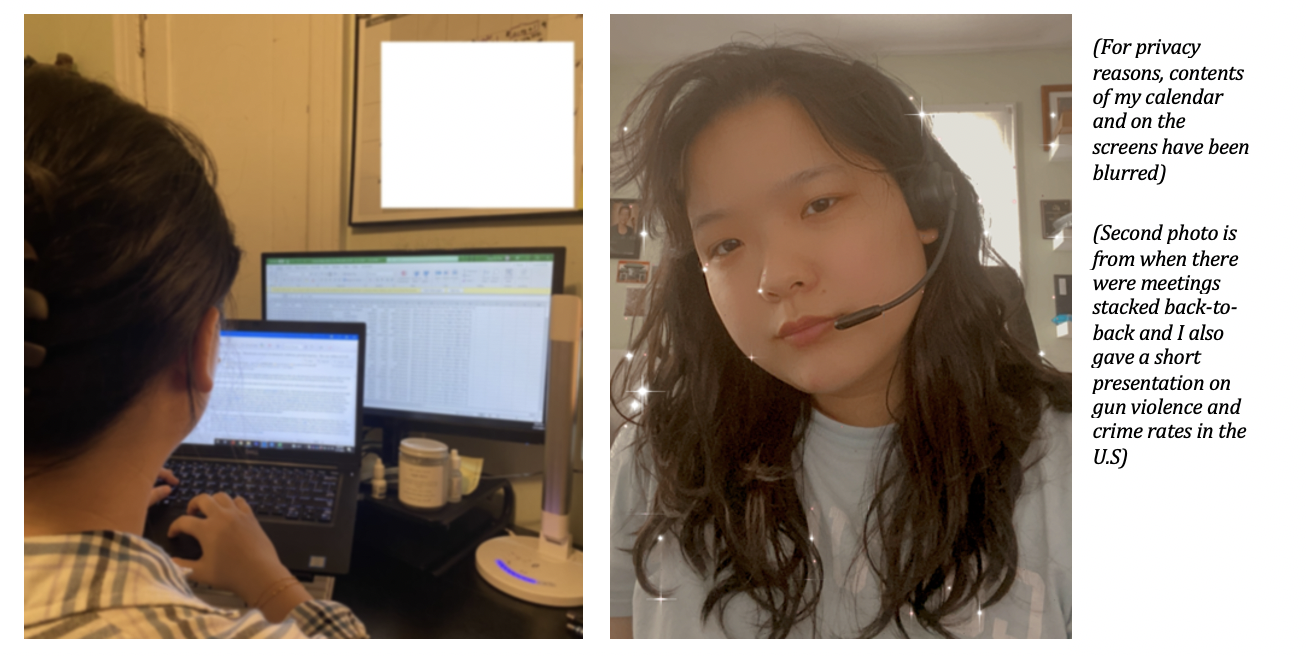 The left image is of a woman working on two computers. The right image is of a woman in a headset.